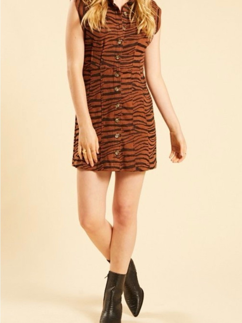 Free People Sleeveless Button-Front Tiger Print Dress - Brown & Black